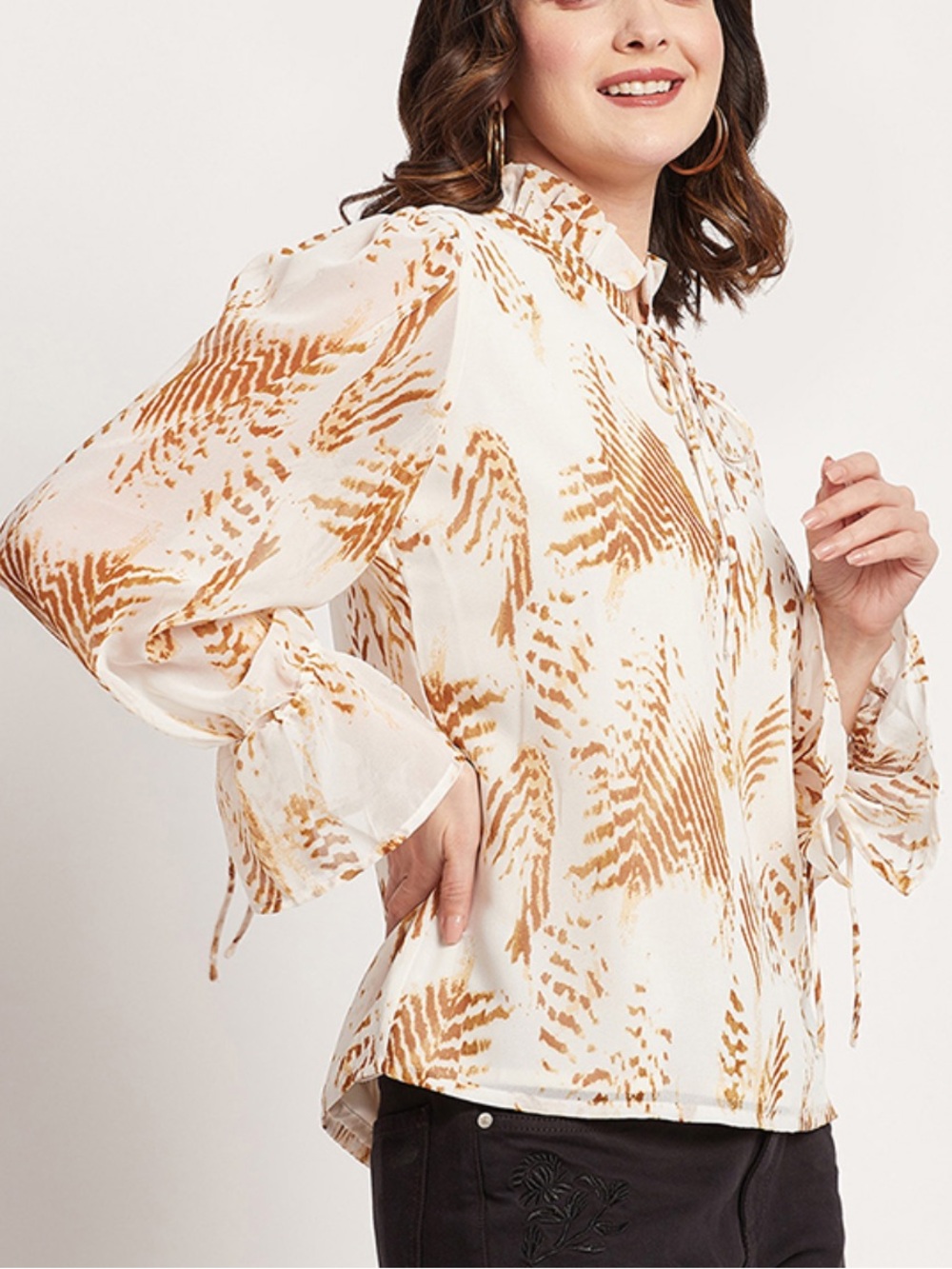Banana Republic Sheer Tie-Neck Ruffle Blouse in Cream and Tan